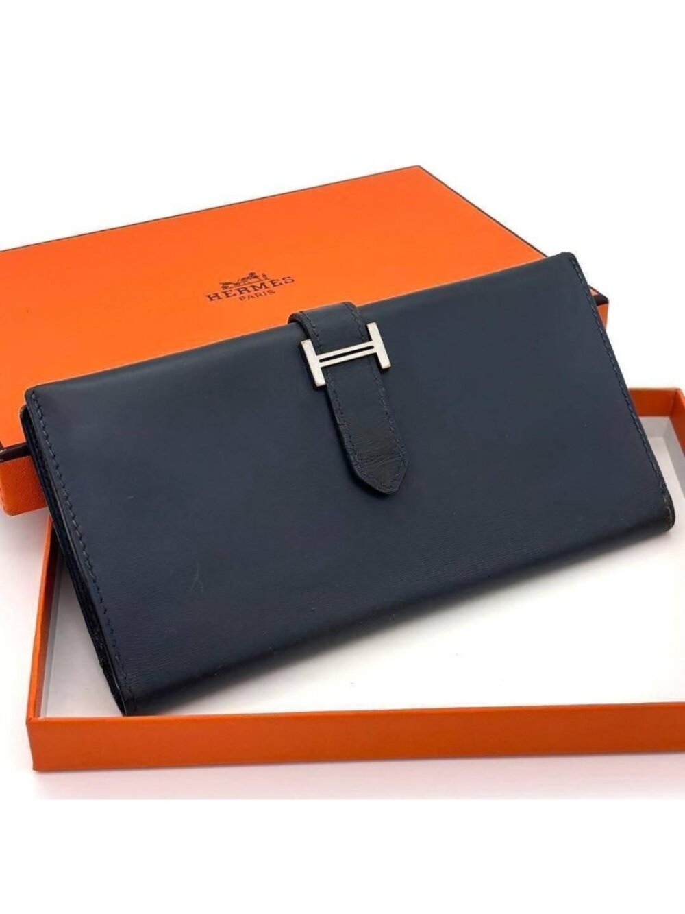 Hermes Bearn Classic Box Calf Navy Wallet Bifold